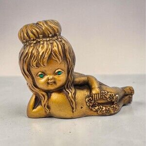 Vintage Chalkware Cherub Figurine Gold Gilt Green Rhinestone Eyes MCM Angel